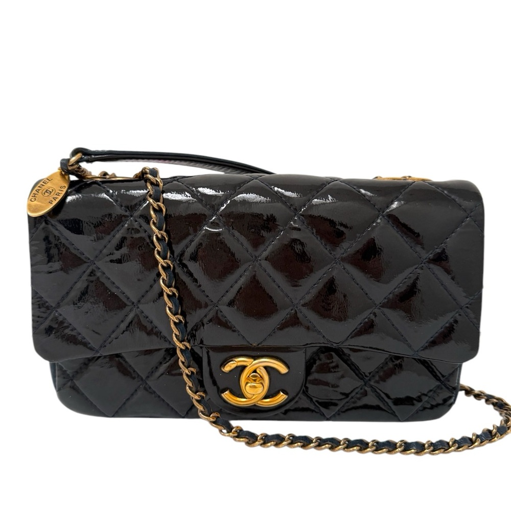 RARE Chanel Paris Limited Edition Classic Navy Caviar & Black Patent Flap Bag